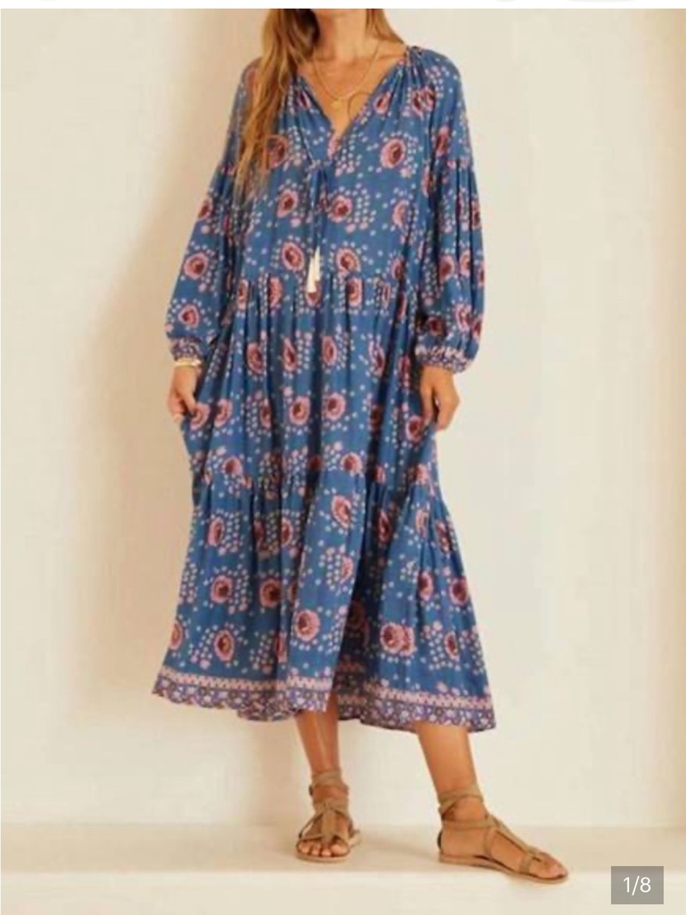 Natalie Martin Briana Azure Blue Vintage Flowers Print Long Sleeve Midi Dress